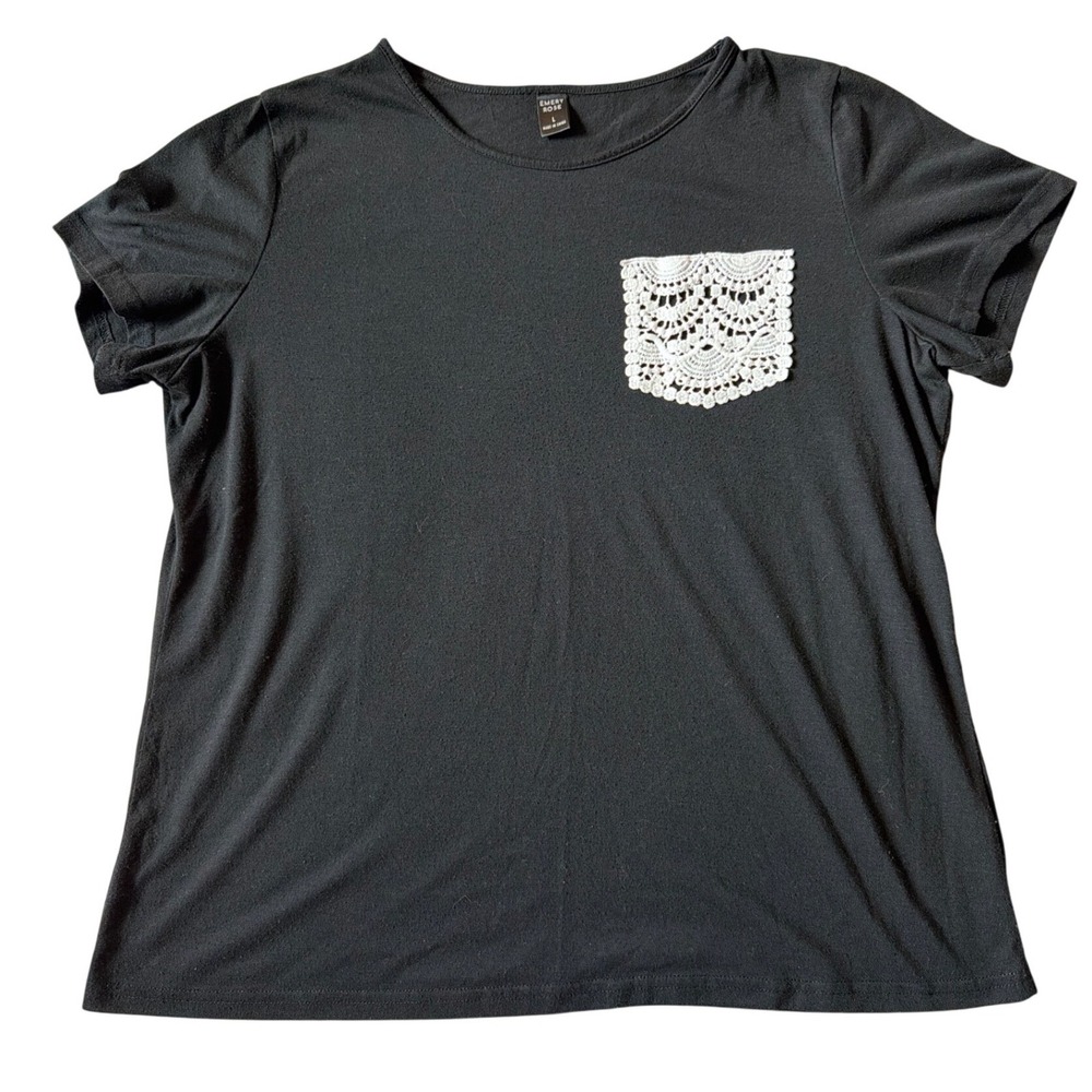 Emery Rose Womens Black Short‎ Sleeve Crochet Lace Pocket Tee Shirt Large